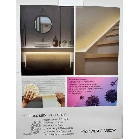WEST & ARROW Motion Activated  LED Flexible 10' Light Strip USB or Battery | NEW - Picture 2 of 7